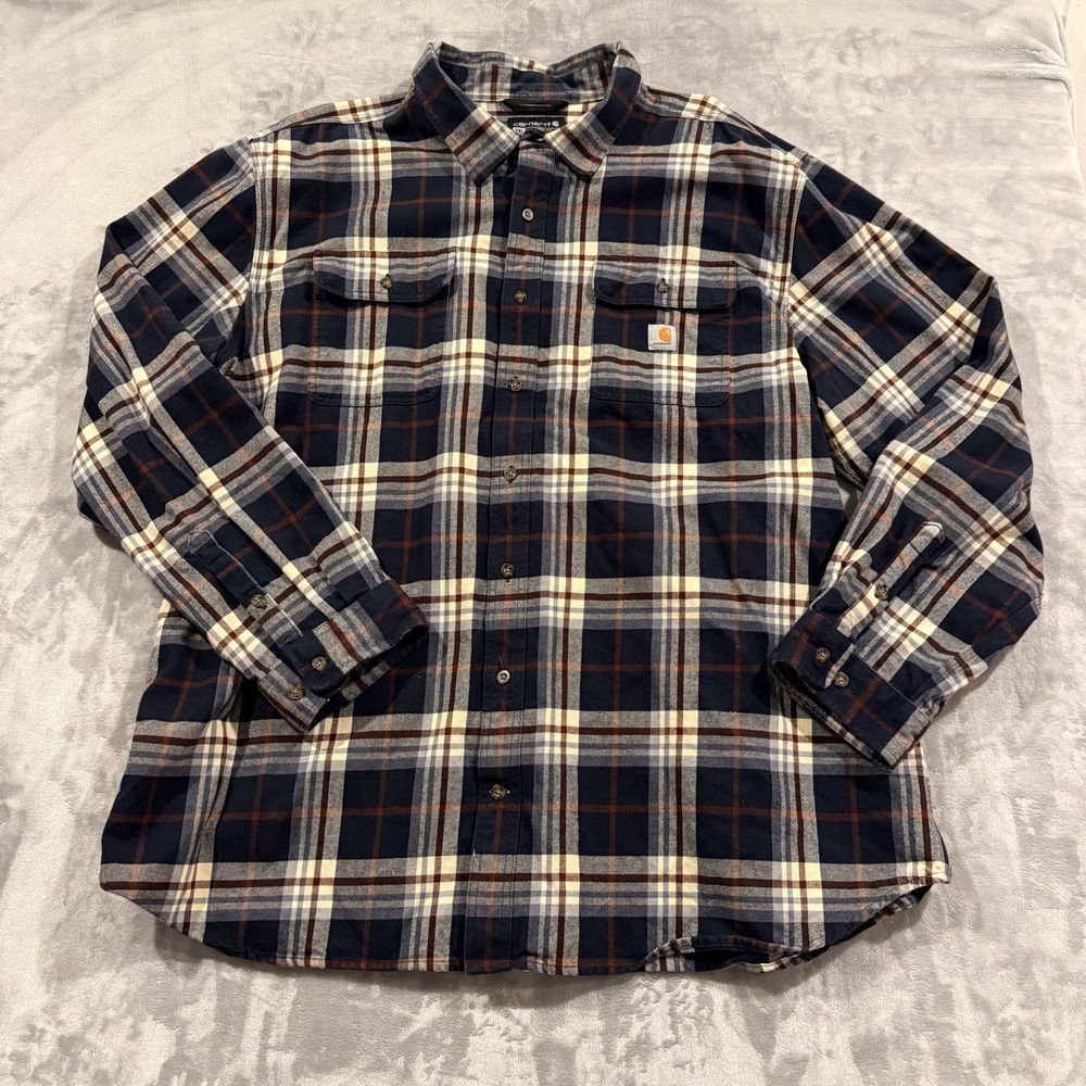 Carhartt Loose Fit Plaid Flannel Button Down Men's Size 3XL Cotton Tall Blue